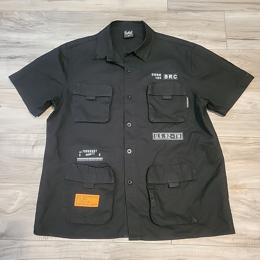 Switch Remarkable Shirt Mens Medium Patched‎ Black Button Up Graphic Print
